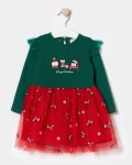 Girls' Cotton Green Penguin and Snowman Themed Tulle Skirt Christmas Dress