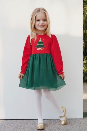 Girls' Cotton Red and Green Christmas Tree Pattern Dress with Sparkly Tulle Skirt