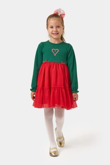 Girls' Cotton Green Heart Long Sleeve Red Tulle Dress - Holiday Theme