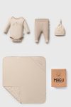 Organic Cotton Newborn Gift Set - Bodysuit, Footed Pants, Hat and Hooded Blanket (Beige)