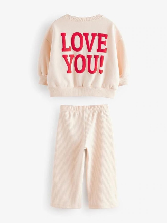587ee32d-412c-49bf-9669-efe6121d265d-6de426.jpeg Girls' Cotton Beige Heart Patterned Sweatshirt and Wide Leg Pants Set