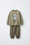 Boys' Cotton Khaki Dog Print Sweatshirt and Checkered Tracksuit Set