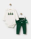 Girls' Cotton White Christmas-Themed Bodysuit and Tulle Skirt Leggings Set