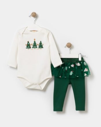 Girls' Cotton White Christmas-Themed Bodysuit and Tulle Skirt Leggings Set