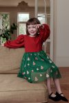 Girls' Cotton Red Top and Green Tree Patterned Tulle Dress - Holiday Special Collection