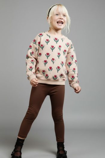 Girls' Cotton Beige Tulip Patterned Sweatshirt and Brown Leggings Set