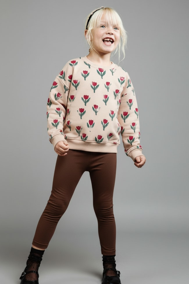 6d32df42-504b-4296-b946-4194afc52581-4a40-.jpg Girls' Cotton Beige Tulip Patterned Sweatshirt and Brown Leggings Set