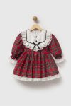 Girls' Cotton Red Checkered Dress with Ruffle Collar and Ribbon Detail