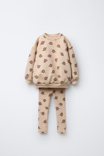 Girls' Cotton Beige Floral Patterned Sweatshirt and Leggings Set - Soft Texture