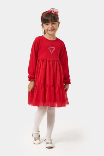 Girls' Cotton Red Candy Heart Patterned Tulle Dress with Ruffled Glitter Skirt