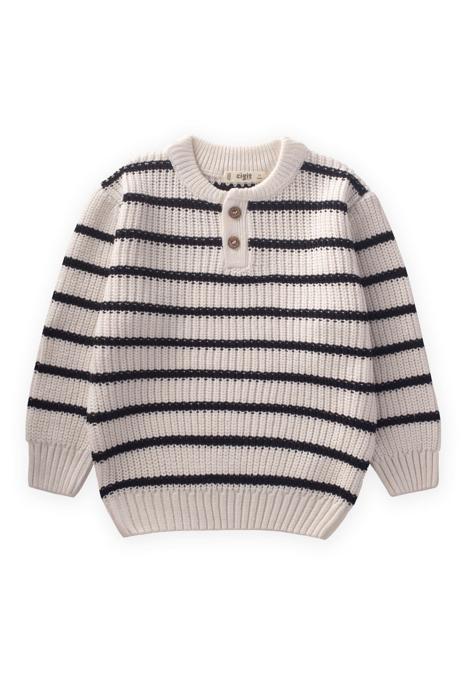 81394-5001cizgili-triko-kazak-2-6-yas-e-601e.jpg Striped Knit Sweater for Ages 2-6 Cream
