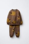Boys' Brown Cotton Bear Pattern Sweatshirt and Jogger Set - Comfortable Everyday Style