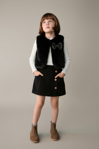 Girls' Cotton Black Bow-Detail 3-Piece Vest and Skirt Set – Elegant Everyday Outfit