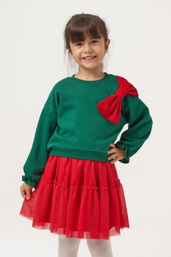 8b36979a-c5e5-432b-8841-c237be572a51-461-8a.jpg Girls' Cotton Green Top with Red Tulle Bow Detail New Year Set