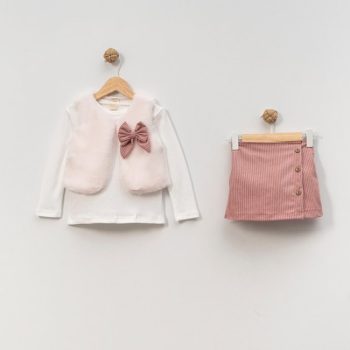 Girls' Cotton Pink Bow-Detail 3-Piece Fur Vest Skirt Set – Elegant Daily Outfit