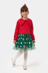 Girls' Cotton Red Bow Long Sleeve Green Tree Pattern Tulle Dress - Christmas Theme