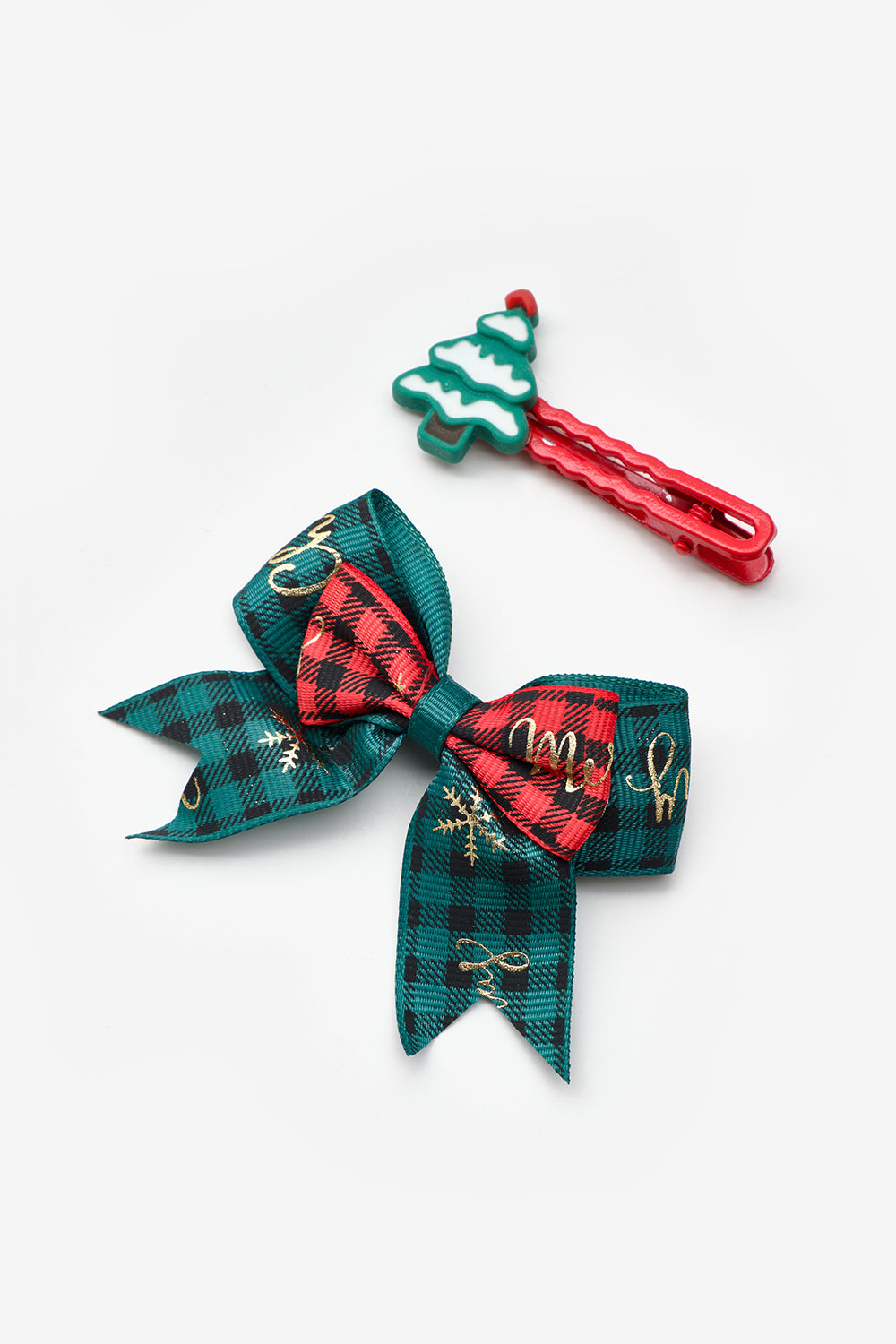 TCLS25AWGHAC065_1041_6.jpg Green Christmas Tree and Checkered Ribbon Bow Hairpin Set