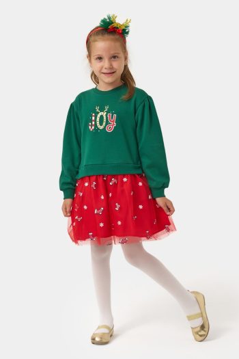 Green Joy Printed Tulle Skirt Girl's Dress