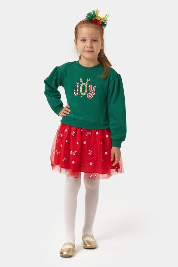 Green Joy Printed Tulle Skirt Girl's Dress