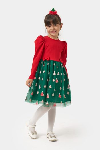 Green Dress with Pine Trees for Girls - Nomi