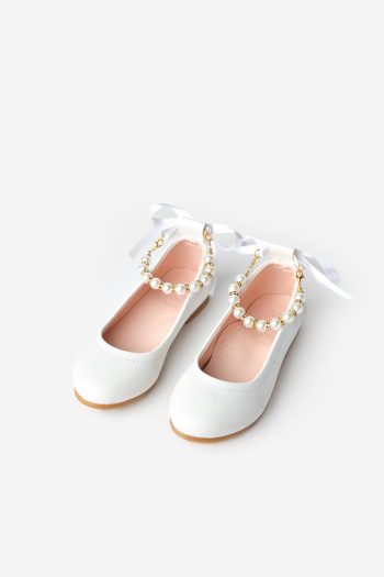 White Pearl Heeled Bow Shoes for Girls