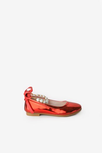 Red Pearl Heeled Bow Girls' Shoes