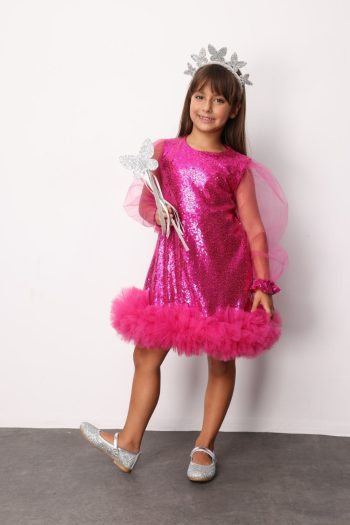 Fuchsia Sequin Tulle Hem Dress for Girls