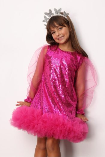 Fuchsia Sequin Tulle Hem Dress for Girls