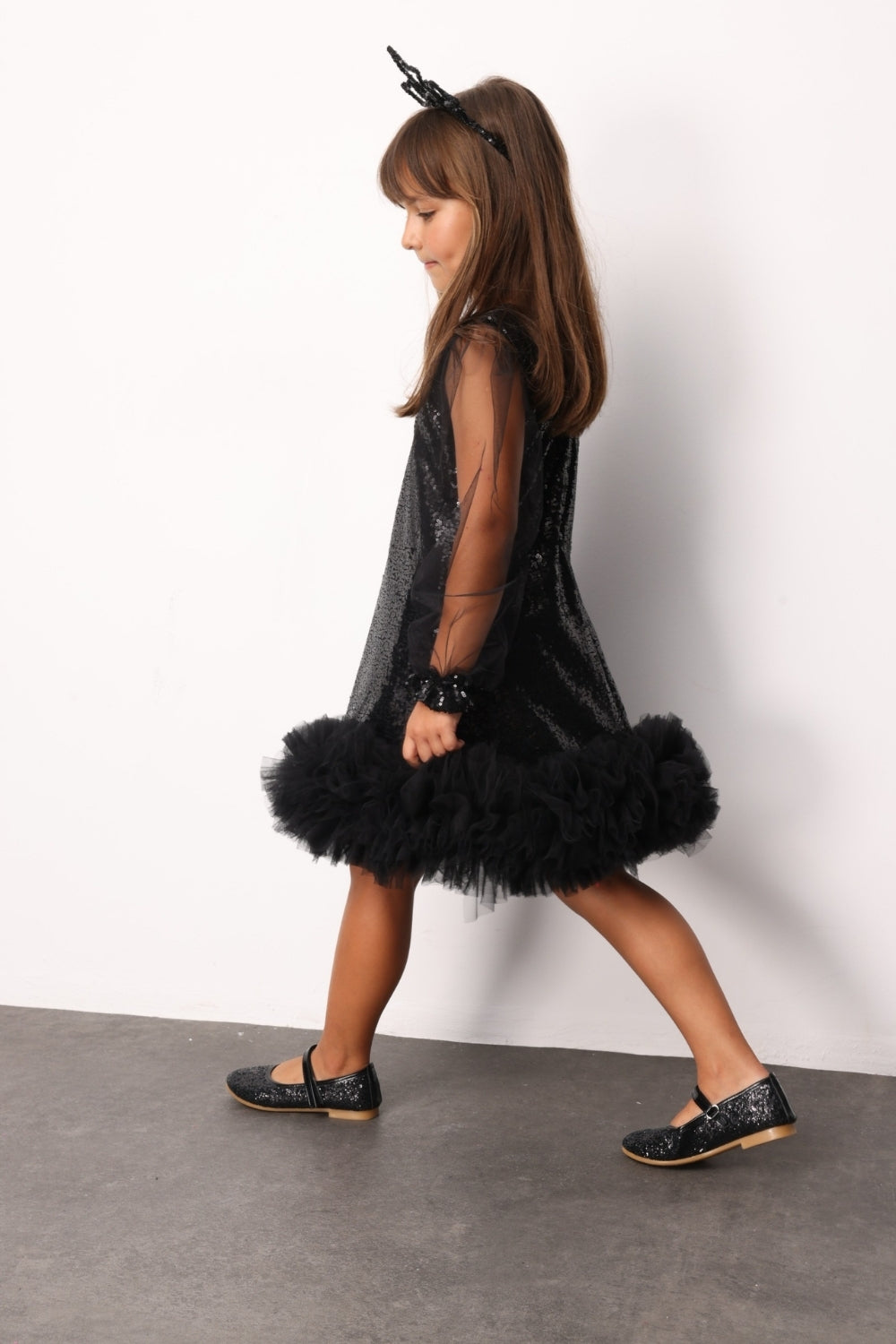 ULMB25AWGDRE014_1034_3.jpg Black Sequin Tulle Hem Dress for Girls - Balenca