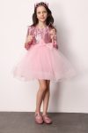 Pink Sequin Striped Bow Detail Dress for Girls - Irene