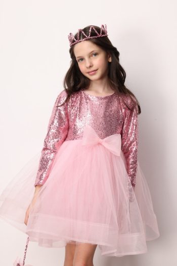 Pink Sequin Striped Bow Detail Dress for Girls - Irene