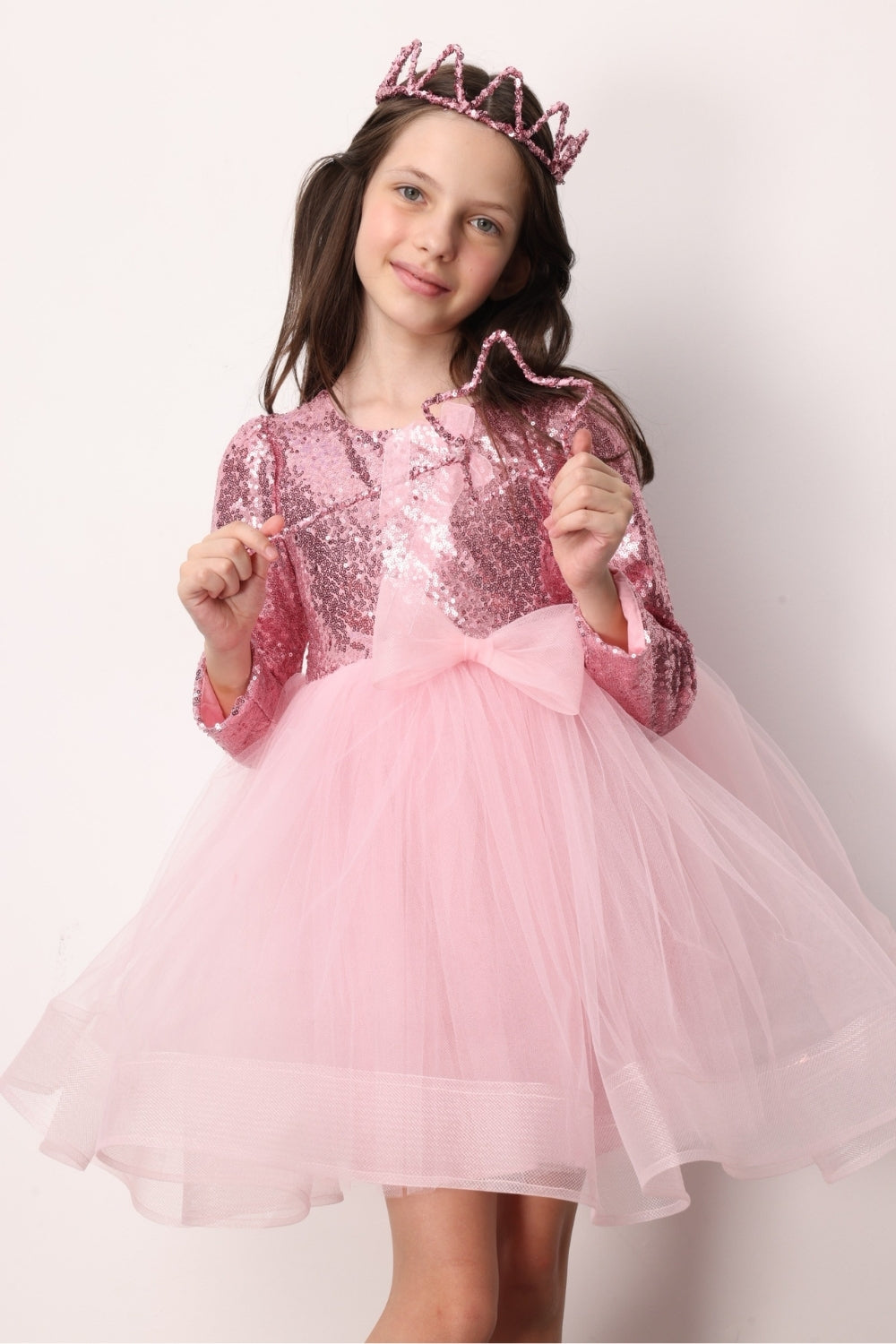 ULMB25AWGDRE015_1028_3.jpg Pink Sequin Striped Bow Detail Dress for Girls - Irene