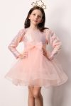 Salmon Sequin Striped Bow Detail Girls Dress