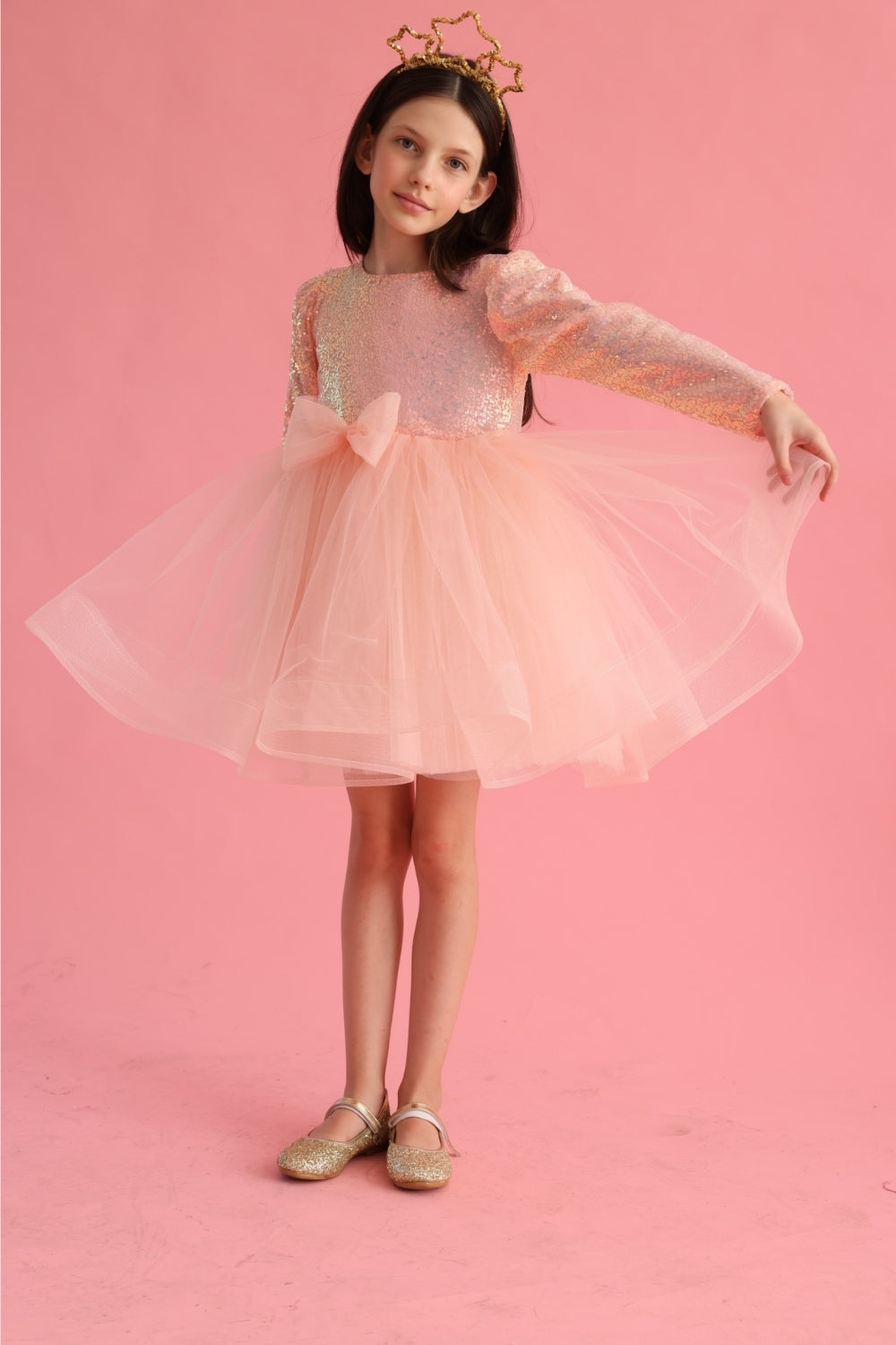 ULMB25AWGDRE015_1035_2_b777ac1b-948e-45a3-b80f-6ff270547dc4.jpg Salmon Sequin Striped Bow Detail Girls Dress