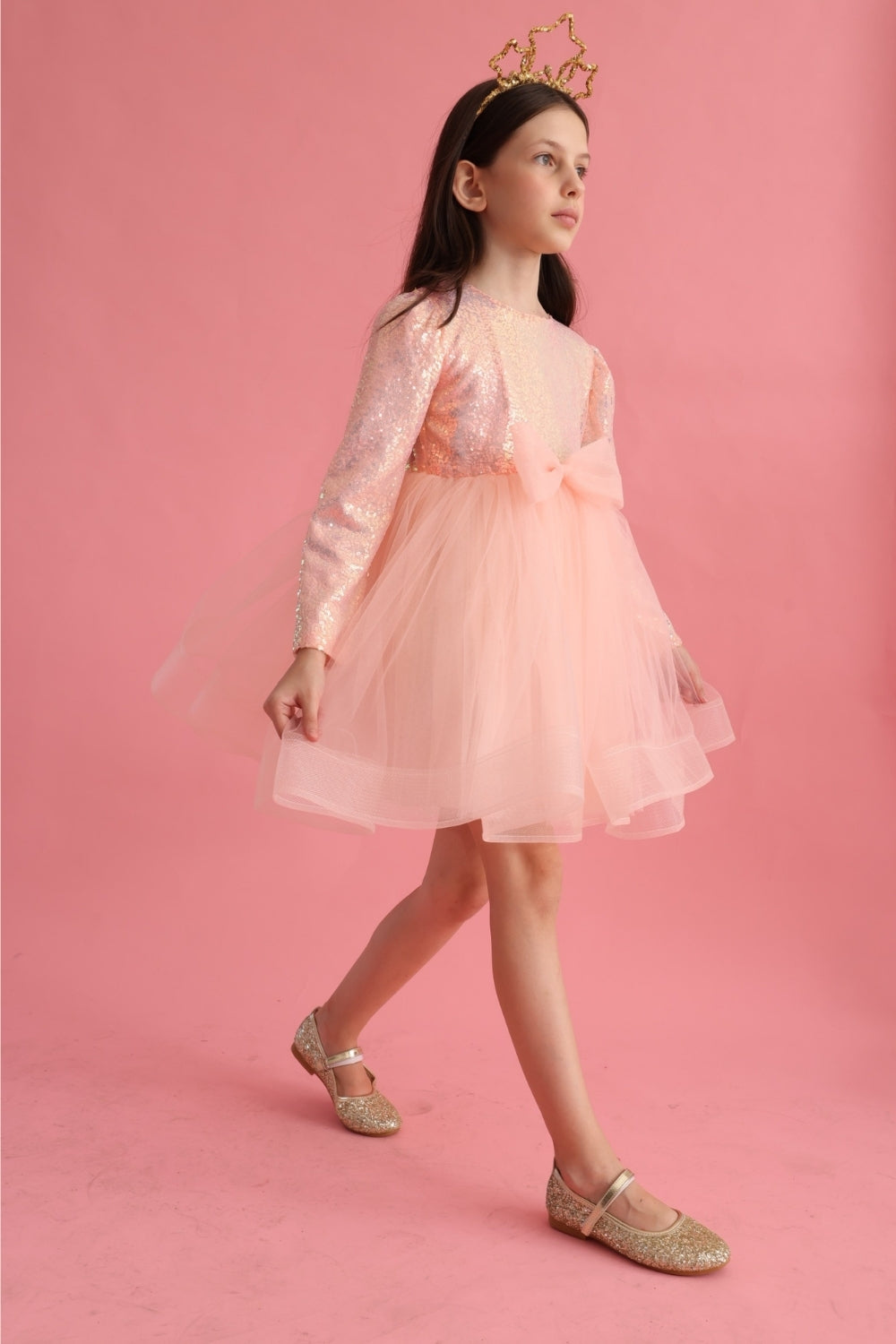 ULMB25AWGDRE015_1035_3.jpg Salmon Sequin Striped Bow Detail Girls Dress