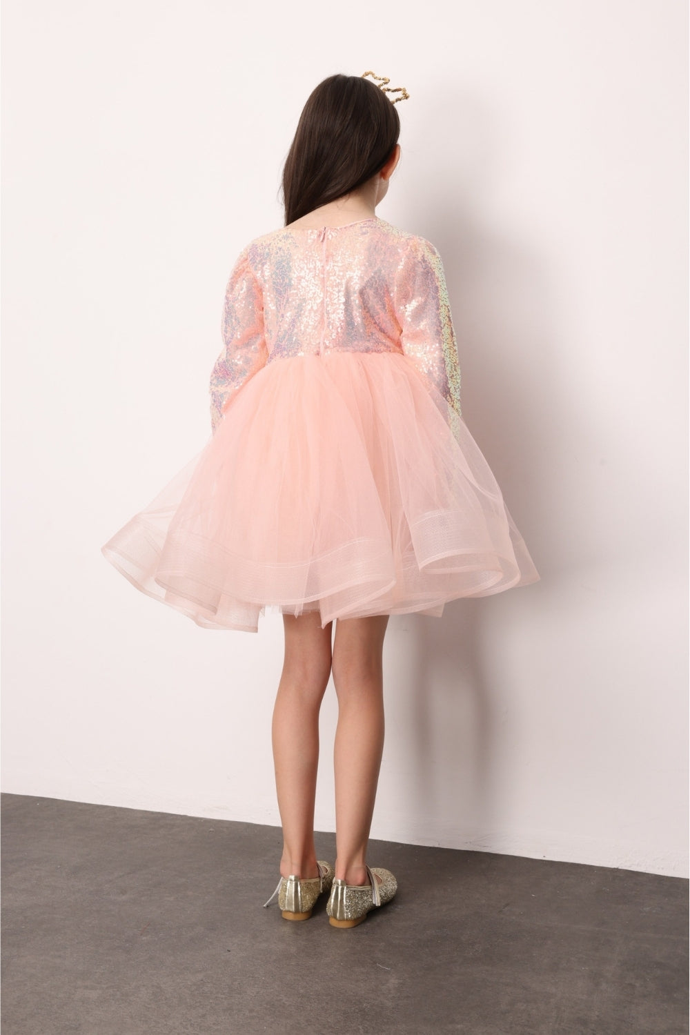 ULMB25AWGDRE015_1035_4.jpg Salmon Sequin Striped Bow Detail Girls Dress