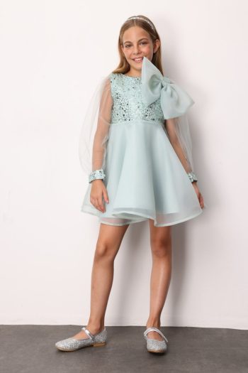 Mint Bow Detail Sequin Dress for Girls - Wendy