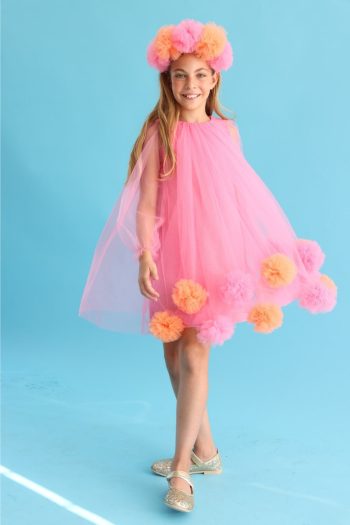 Fuchsia Long Sleeve Dress with Pom Pom Details for Girls - Kathy