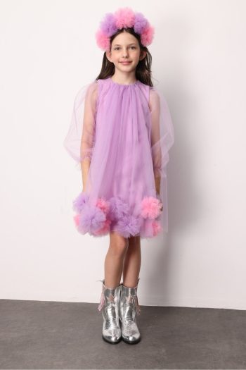 Lilac Long Sleeve Dress with Pom Pom Detail for Girls - Kathy