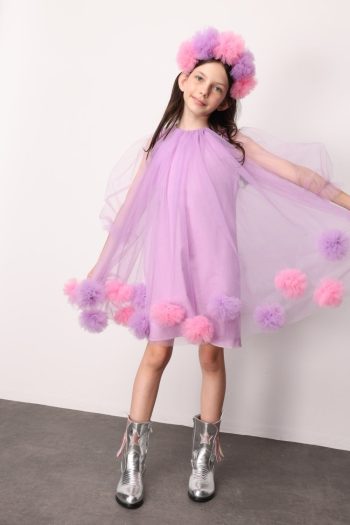 Lilac Long Sleeve Dress with Pom Pom Detail for Girls - Kathy