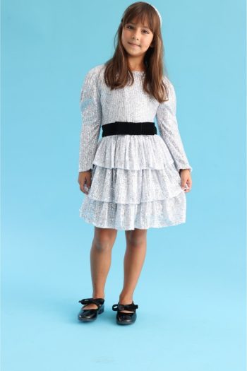 Silver Sequin Layered Girl's Dress - Liona