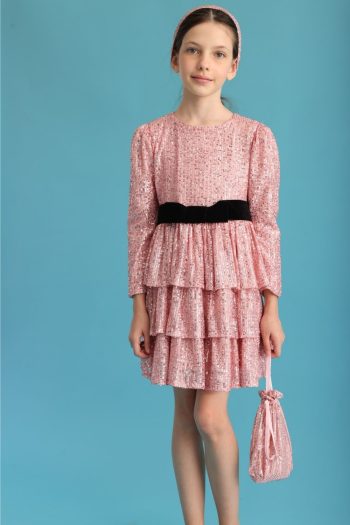 Pink Sequin Tiered Girls Dress - Liona