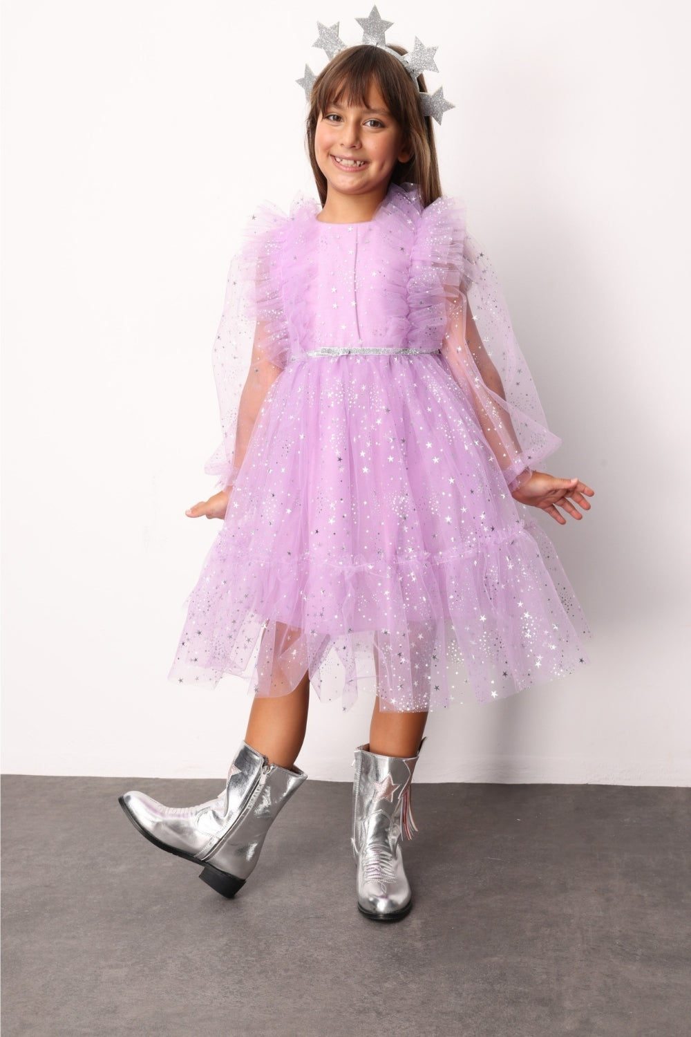 ULMB25AWGDRE023_1021_1.jpg Lilac Ruffled Shoulder Star Dress for Girls - Stella