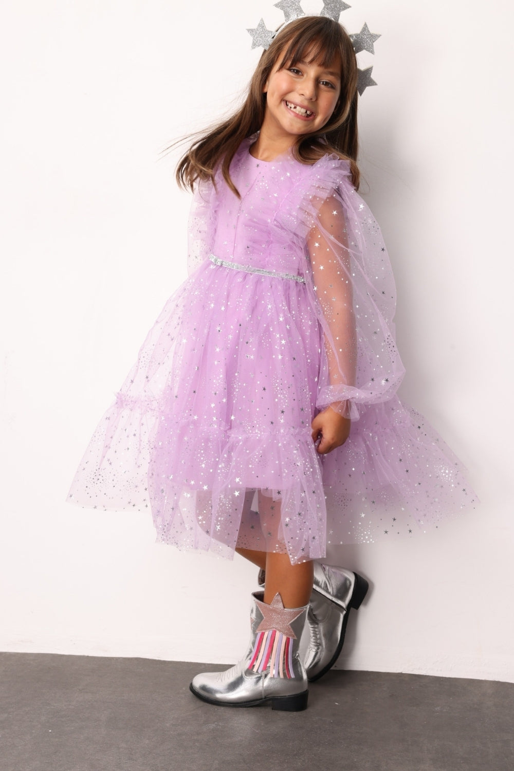 ULMB25AWGDRE023_1021_2.jpg Lilac Ruffled Shoulder Star Dress for Girls - Stella
