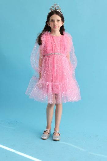 Pink Ruffled Shoulder Star Dress for Girls - Stella