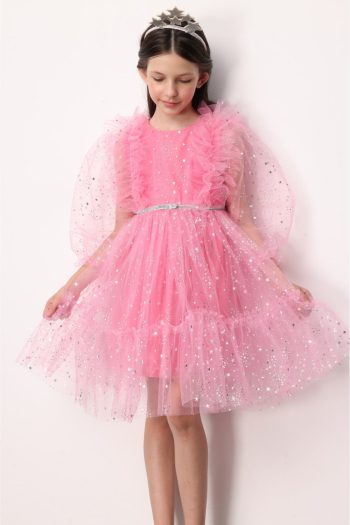 Pink Ruffled Shoulder Star Dress for Girls - Stella