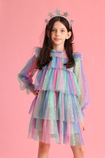 Multicolored Star Print Layered Dress for Girls - Chloe