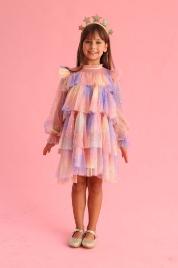 Yellow Star Print Layered Dress for Girls - Chloe