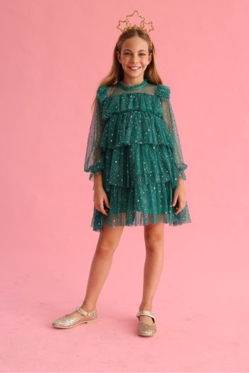 Green Star Print Layered Dress for Girls - Chloe
