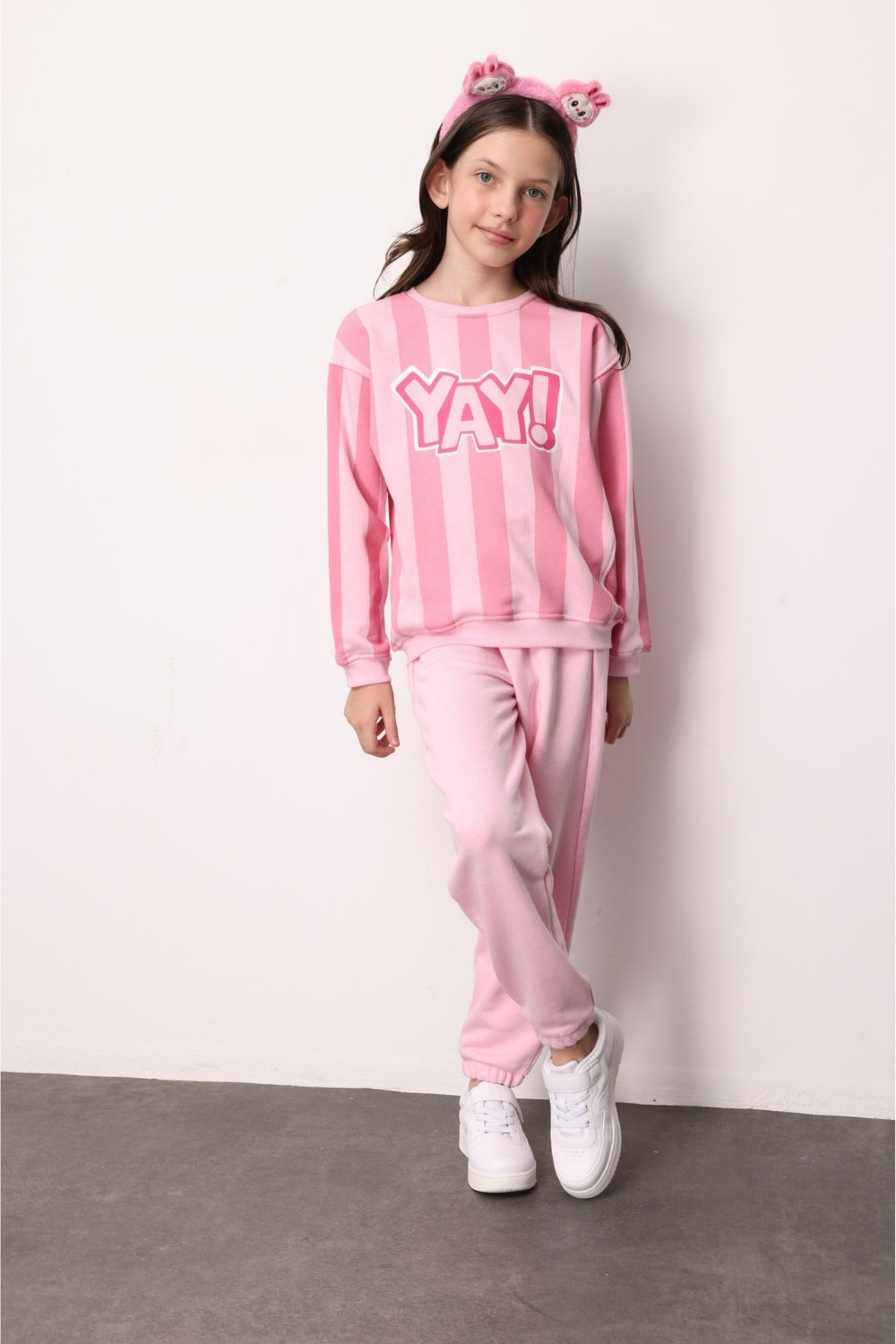 ULMB25AWGTRC004_1028_1.jpg Pink Bow Printed Striped Girls' Tracksuit Set - Phoebe